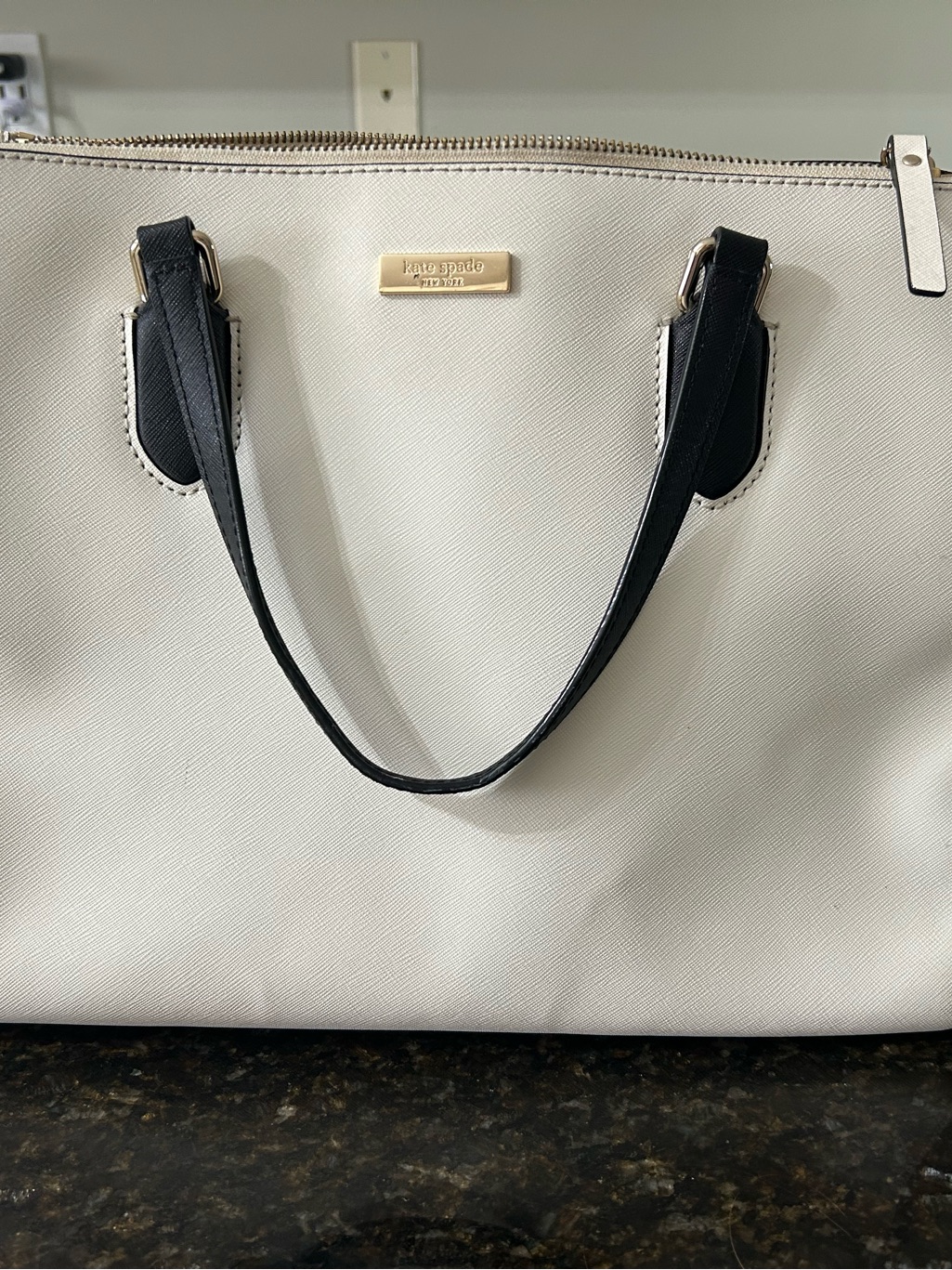 Kate Spade Cream And Black Saffiano Leather Tote With Gold Accent